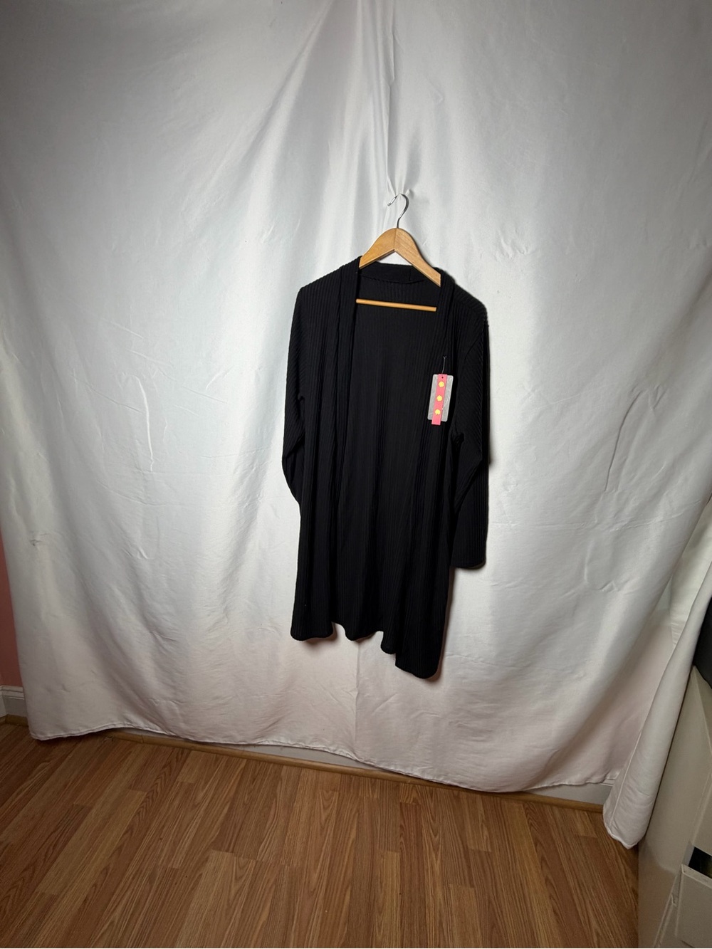 Open-Front Ribbed Long Cardigan Sweater - Black